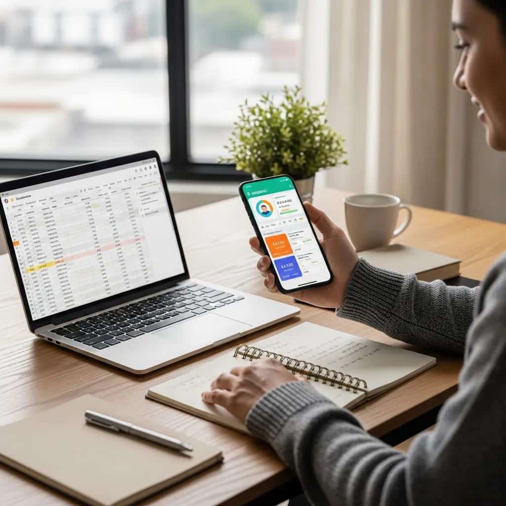 Person using a budgeting app on a smartphone in a home office setting