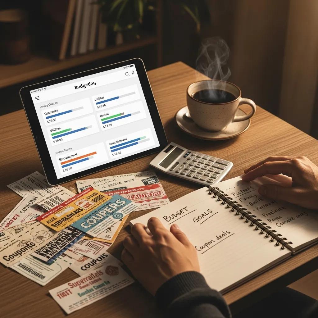 Person using a tablet with a budgeting app — tracking couponing income and expenses