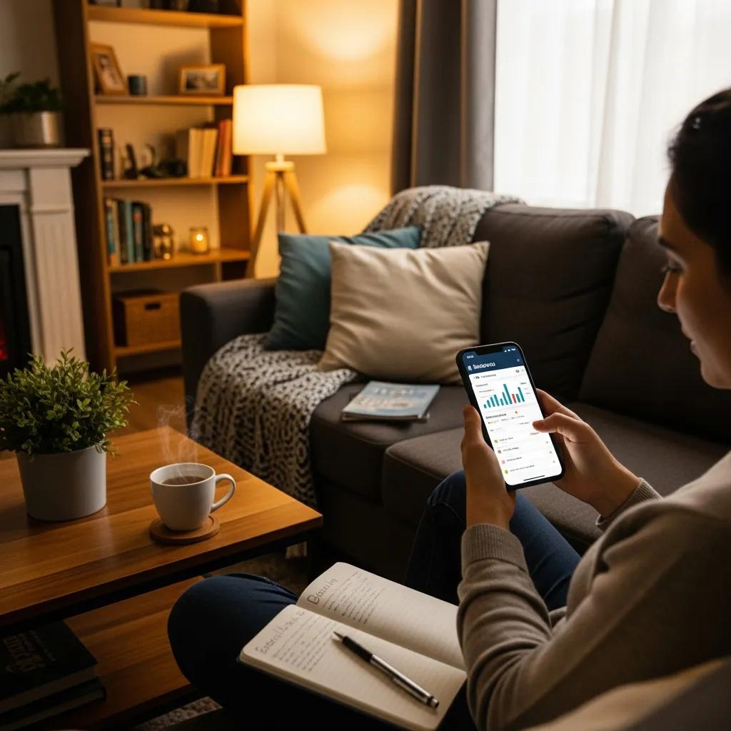 Person using a budgeting app to reduce consumer debt in a cozy living room