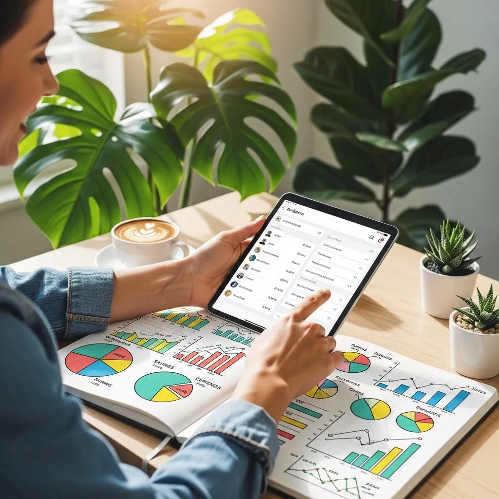 Person using a budgeting app with colorful charts to visualize spending