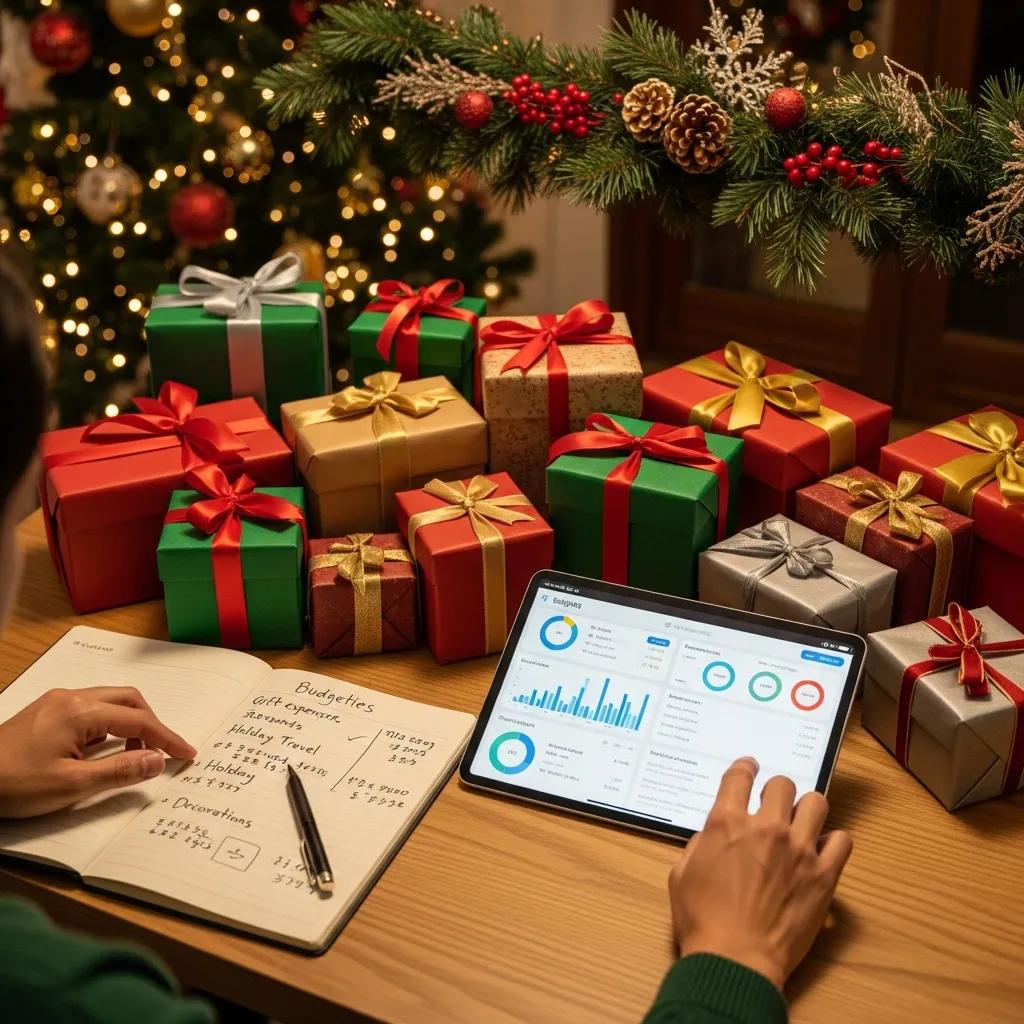 Person using a budgeting app with holiday gifts around, illustrating effective budgeting strategies for re-gifting