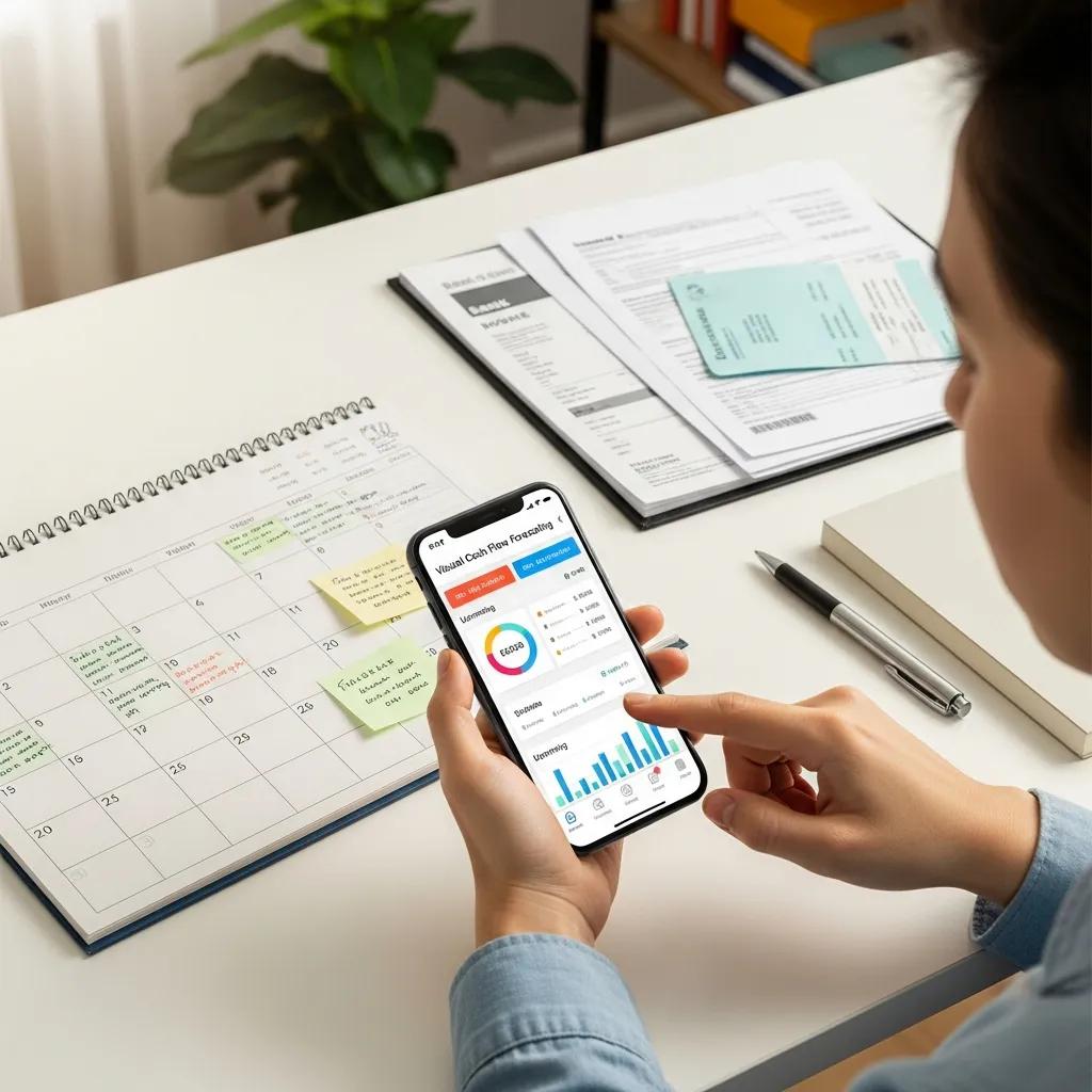 Person using a cash flow forecasting app on a smartphone with financial documents, showcasing effective money management