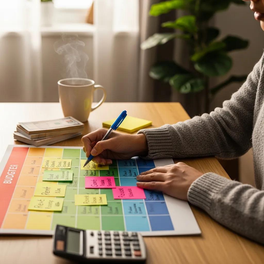 Person marking a colorful calendar to plan bills, debt payments, and investments
