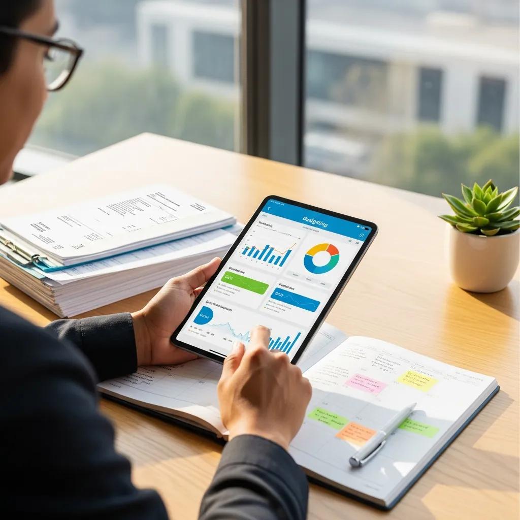Person using a digital budgeting tool on a tablet with financial documents