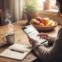 Person using a personal finance app on a tablet at a cozy kitchen table with coffee and fruits