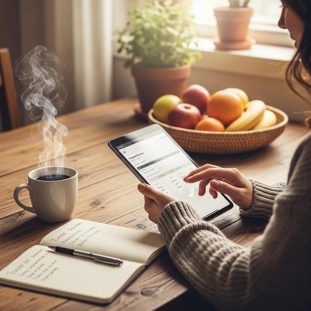 Person using a personal finance app on a tablet at a cozy kitchen table with coffee and fruits