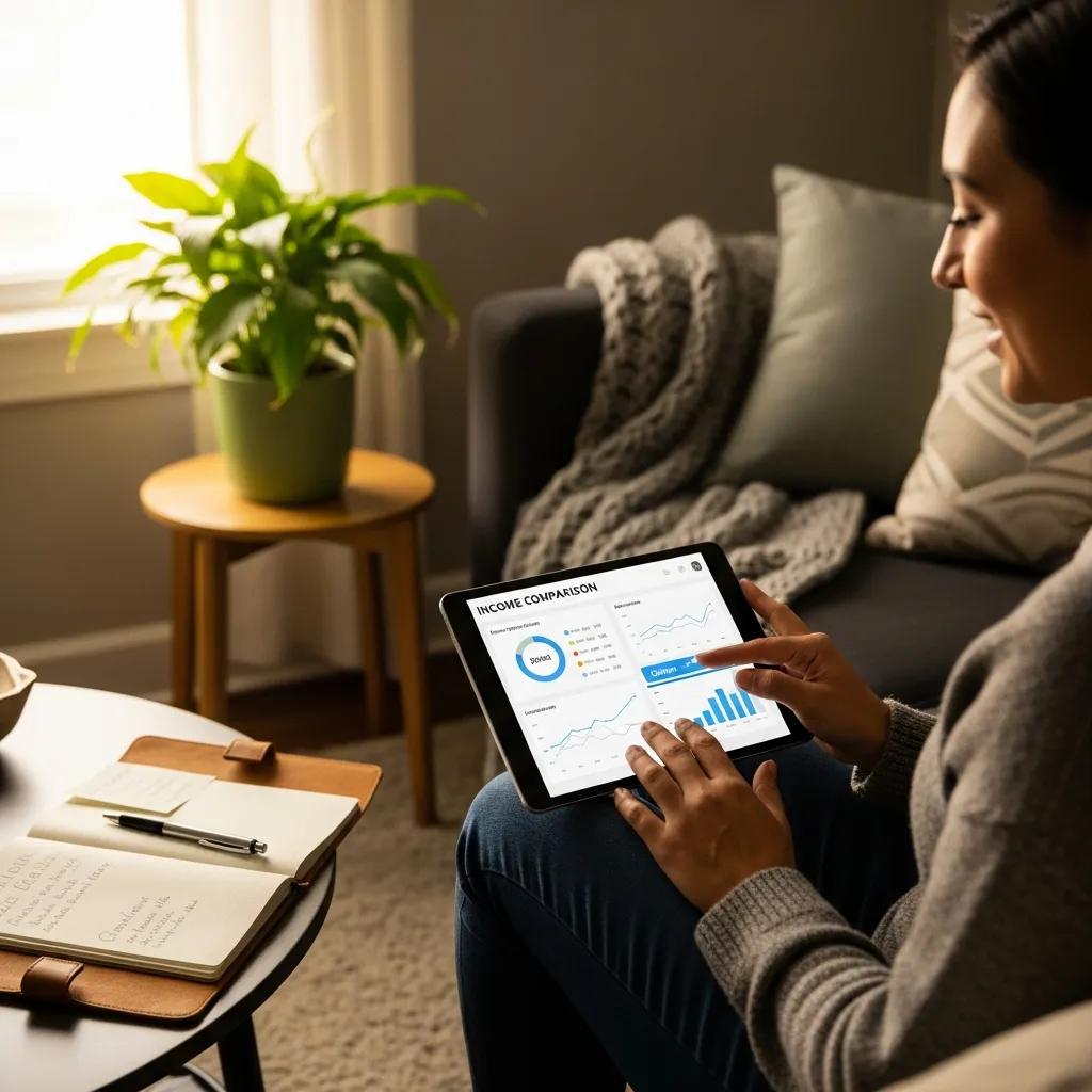 Person comparing salaries on a tablet at home, using benchmarking tools to check pay