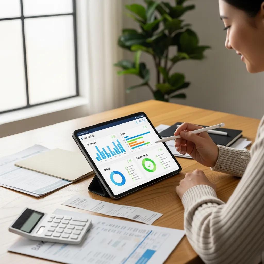 Person using a calendar-style budgeting tool to visualize income, expenses, and savings goals