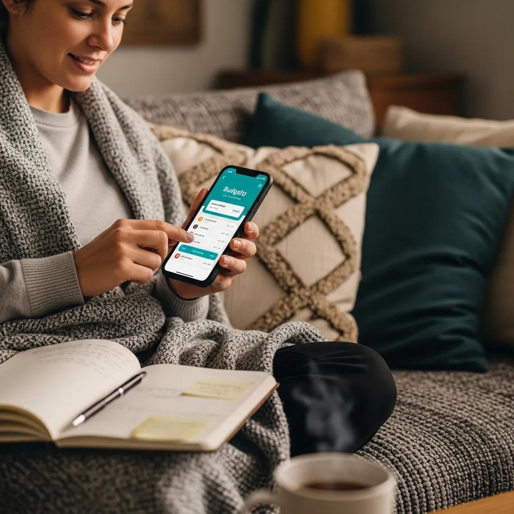 Person using a budgeting app on a smartphone in a cozy living room