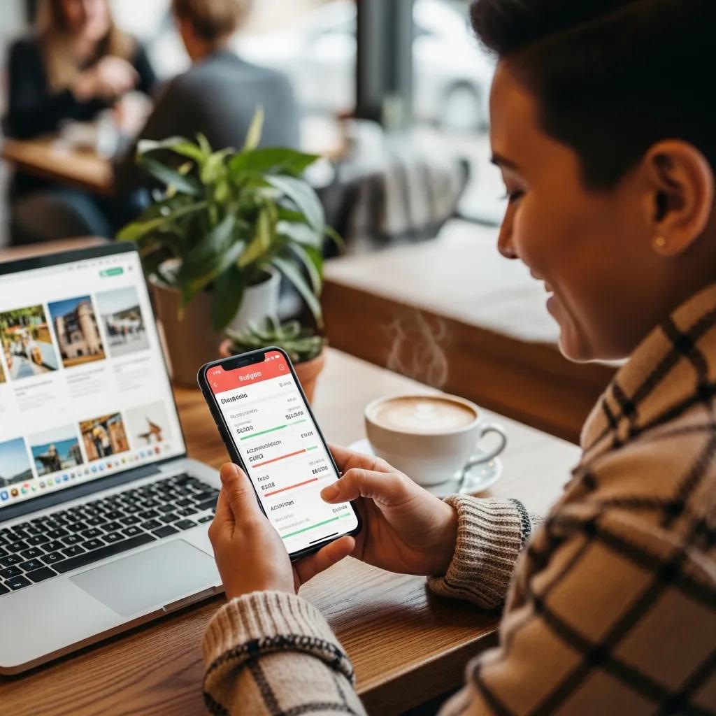 Person using a budgeting app on a smartphone to manage travel expenses