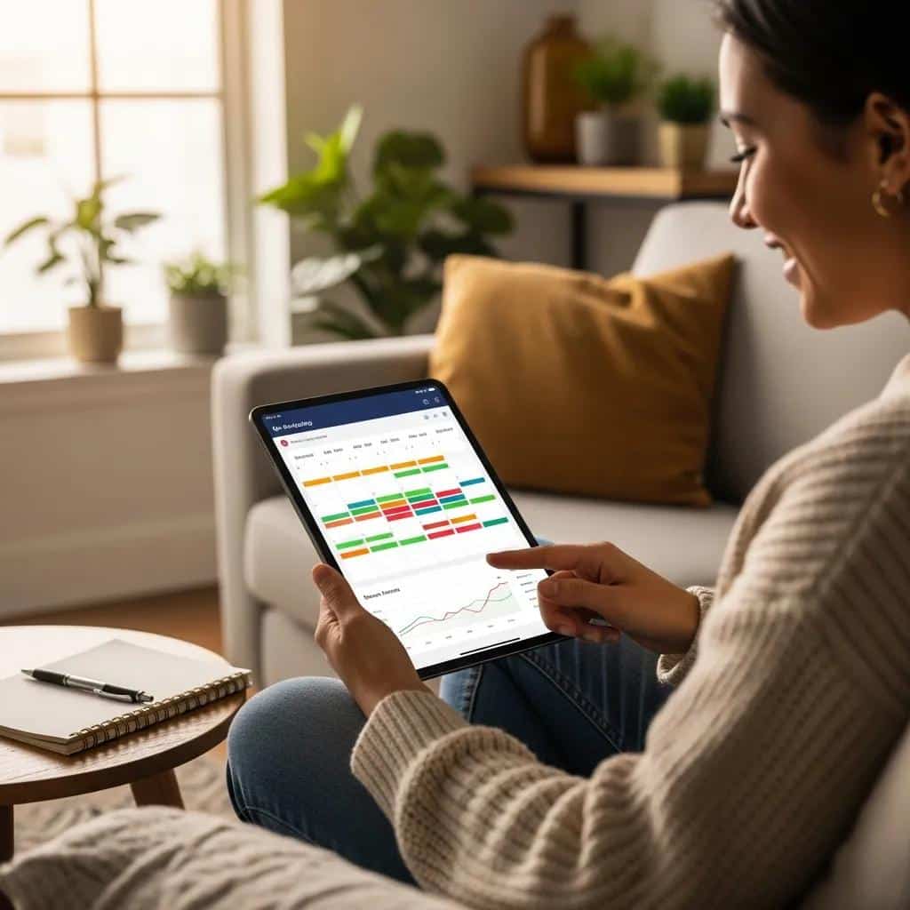 Person using CalendarBudget on a tablet to map upcoming income and bills