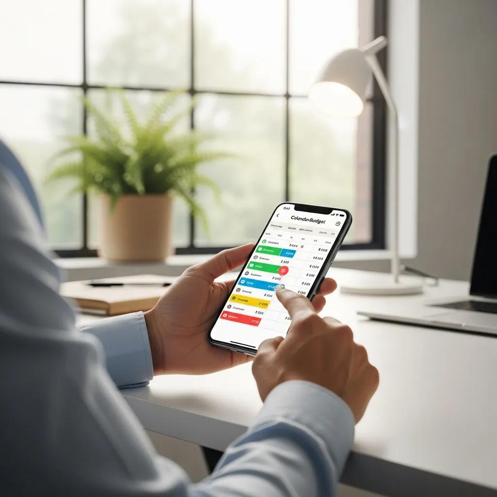 Smartphone displaying CalendarBudget app with a day-by-day cash forecast