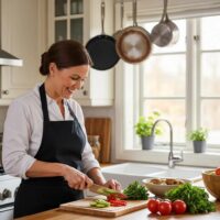 Personal chef preparing a meal in a cozy kitchen, highlighting the benefits of hiring cooking services