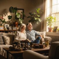Retired couple enjoying a cozy, mortgage-free home environment