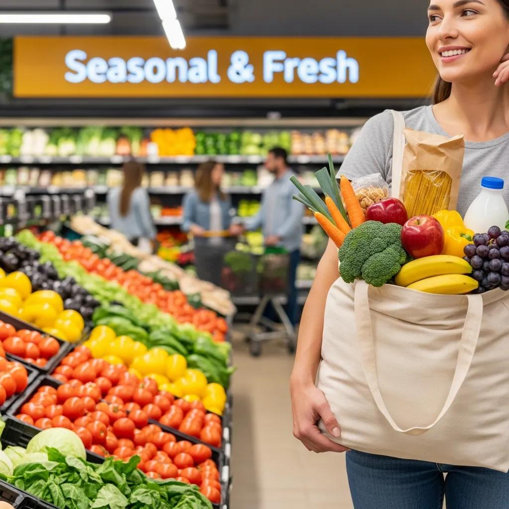 Shopper carrying a reusable bag of seasonal produce in a grocery store, illustrating smarter shopping for planned meals