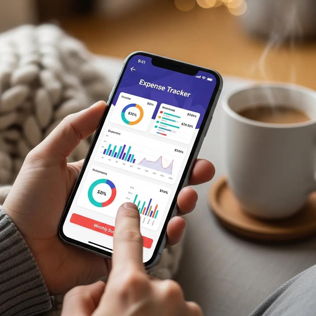 Smartphone showing colorful financial charts in a cozy setting