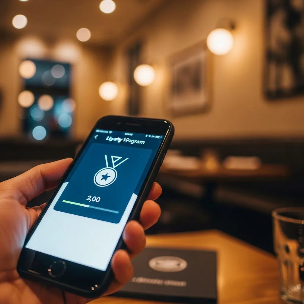Phone displaying a restaurant loyalty app with rewards and points