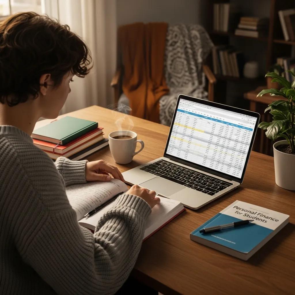 Student budgeting scene with laptop and study materials
