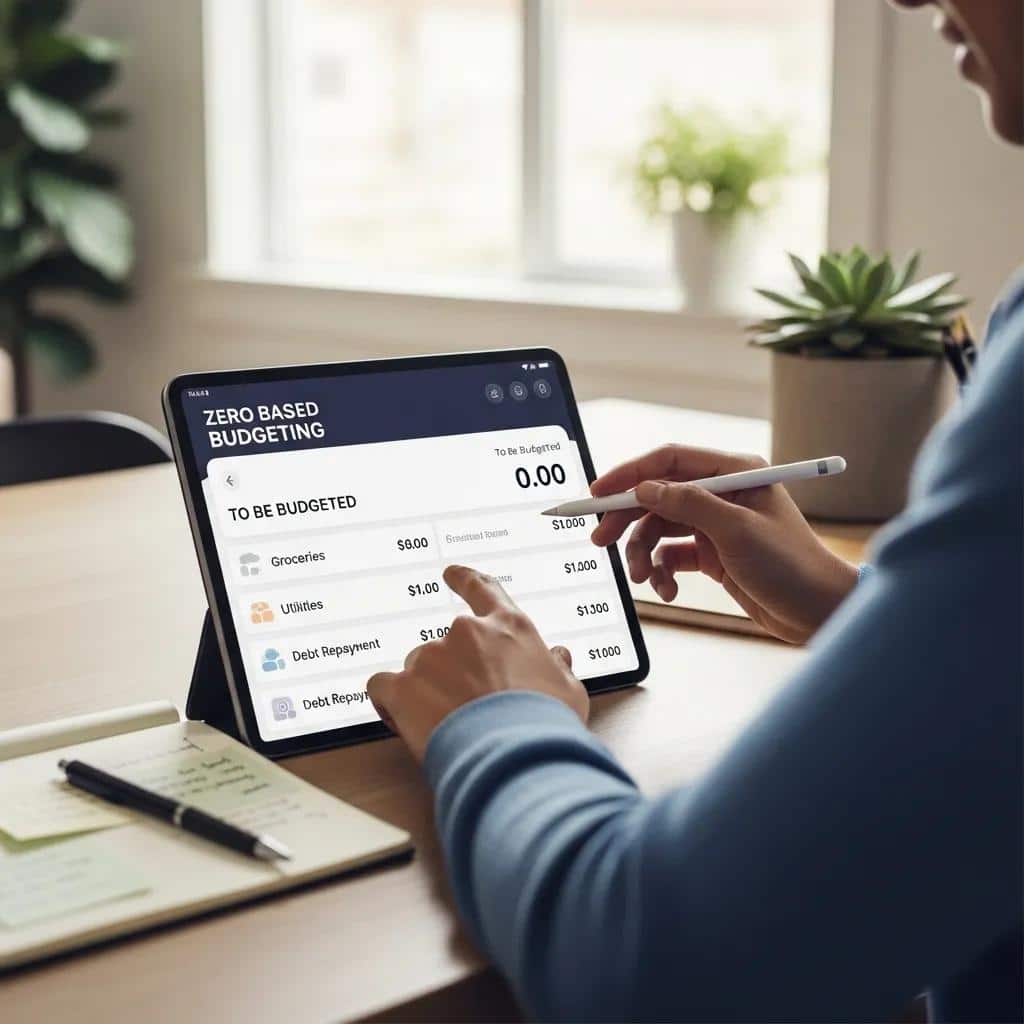 Person using a tablet budgeting app to assign dollars to categories