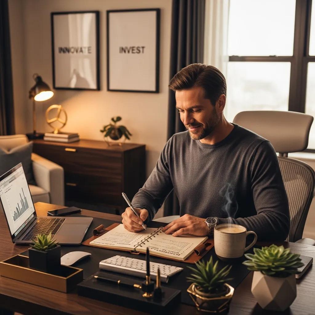 Wealthy individual setting financial goals in a cozy home office