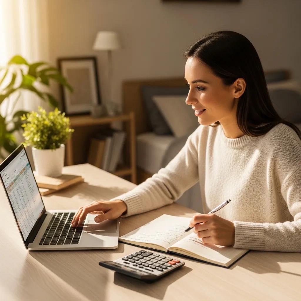 Woman managing finances at home, showcasing financial independence