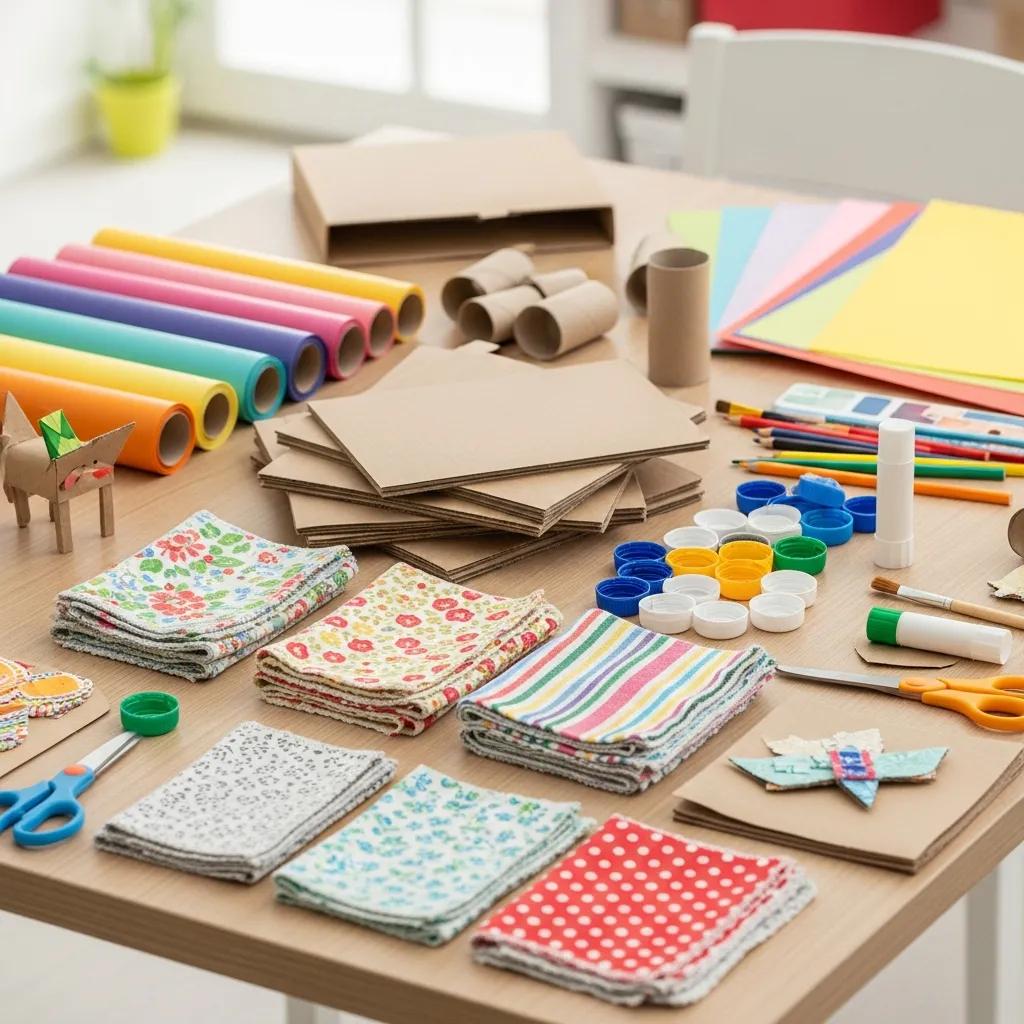 Assorted craft materials for budget-friendly DIY gifts including cardboard, fabric, and paper