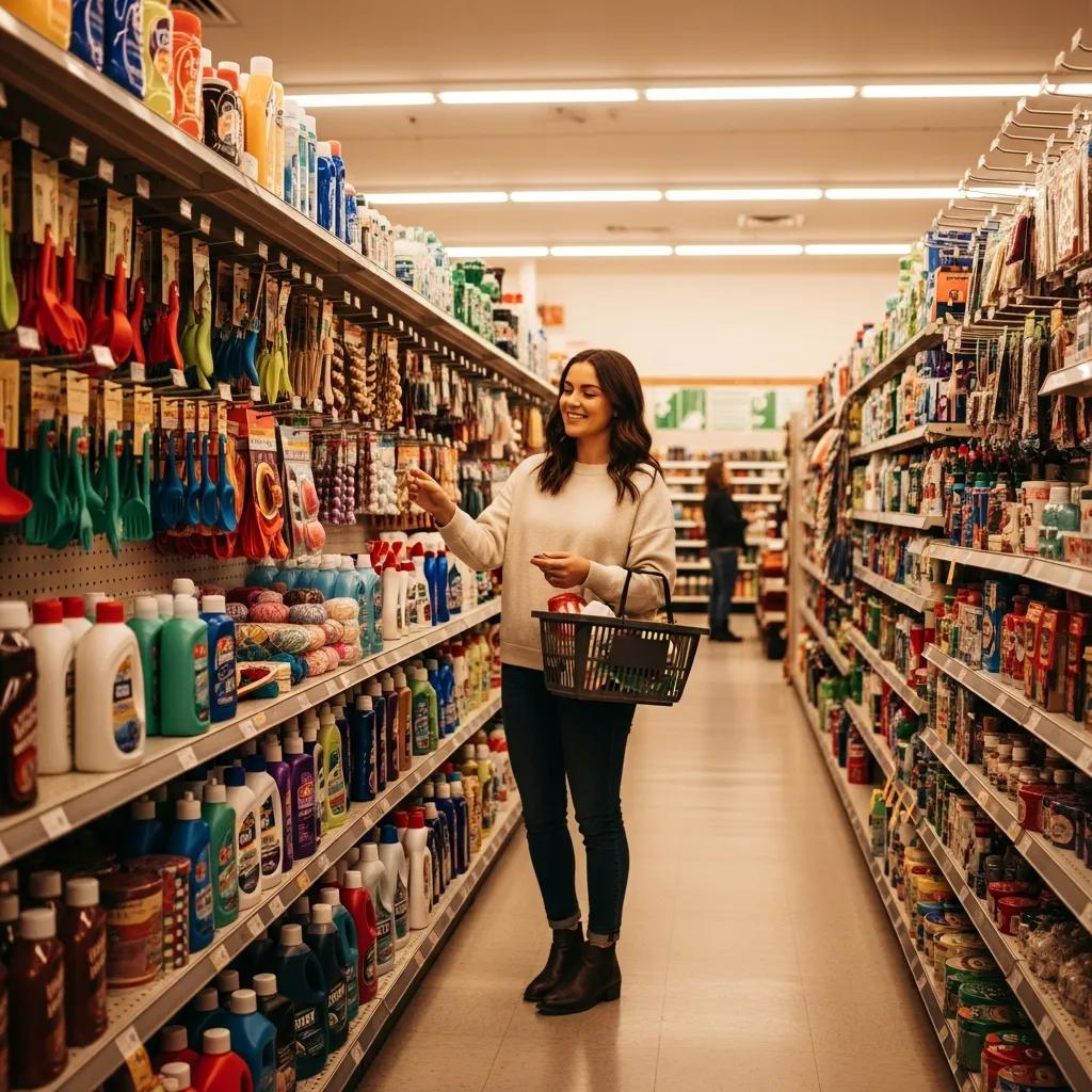 Budget-conscious shopper exploring colorful household products in a dollar store