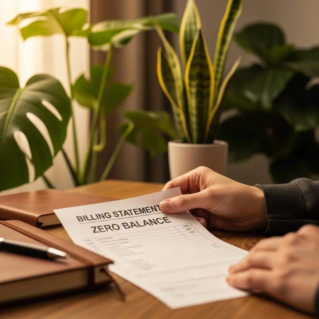 Close-up of a hand holding a zero balance billing statement in a cozy setting, highlighting financial organization