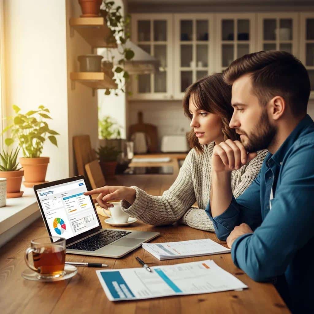 Couple discussing zero down financing options at a kitchen table with a laptop