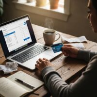 Cozy lifestyle scene of a person managing Visa debit card transactions with coffee and receipts
