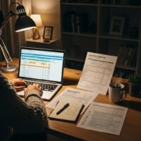 Cozy workspace with a laptop and financial documents, emphasizing personal finance