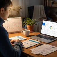 Cozy workspace with a person budgeting using a laptop, calendar, and coffee