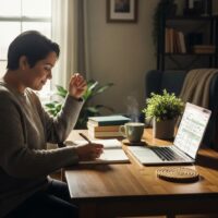 Cozy workspace with a person reflecting on talents and skills for financial independence