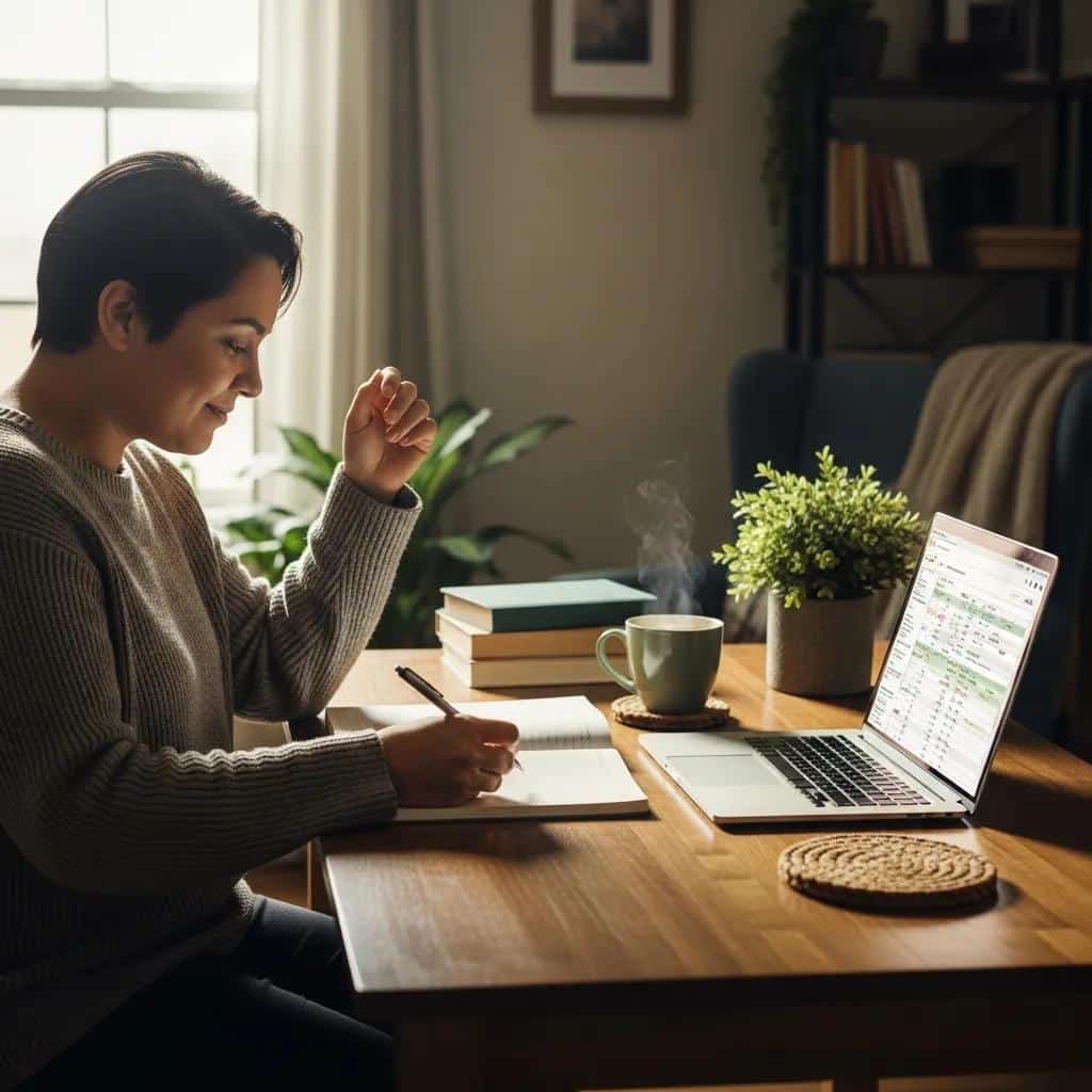 Cozy workspace with a person reflecting on talents and skills for financial independence
