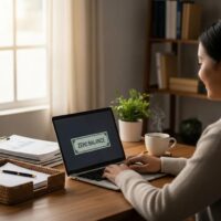 Cozy workspace with a person reviewing a zero balance bill, emphasizing financial management