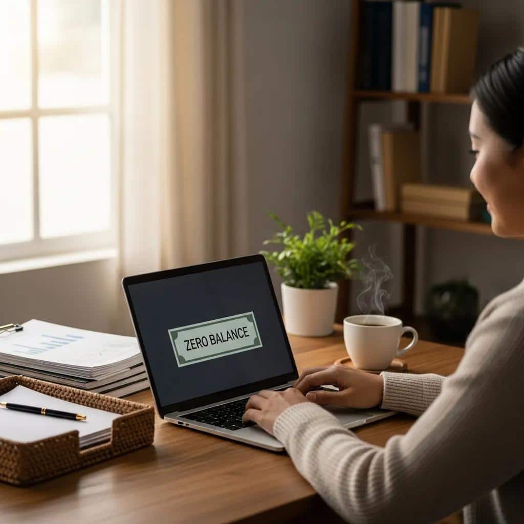Cozy workspace with a person reviewing a zero balance bill, emphasizing financial management