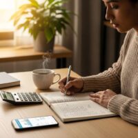 Cozy workspace with a person reviewing finances, emphasizing the psychology of saving