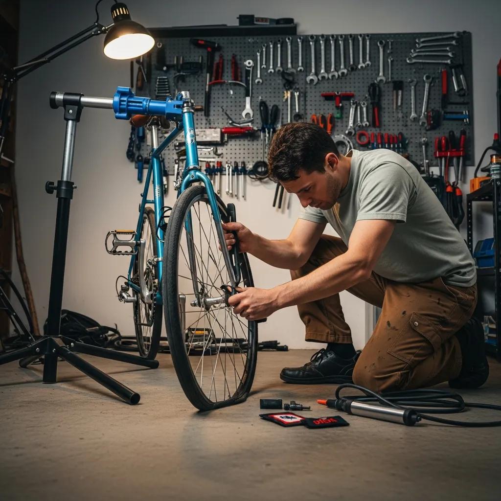 A cyclist doing basic bike maintenance at home to save on service costs