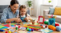 Parent and child crafting budget-friendly homemade gifts together with colorful materials