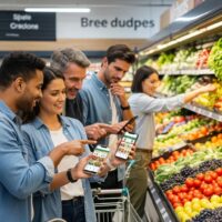 Diverse shoppers using digital grocery flyers in a vibrant grocery store