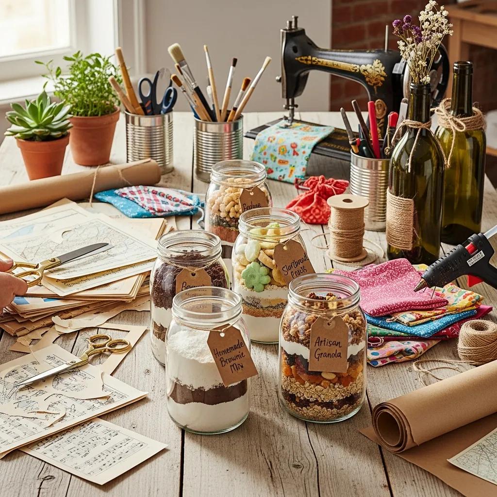 Eco-friendly crafting scene with recycled materials for homemade gifts