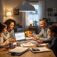 Family discussing property taxes at a dining table, highlighting financial planning and homeownership