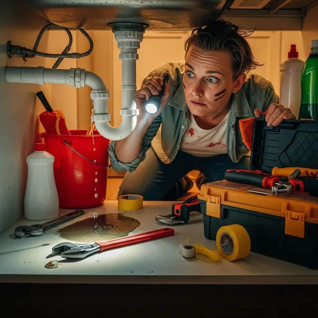 Homeowner checking a leaking pipe &mdash; a common costly repair