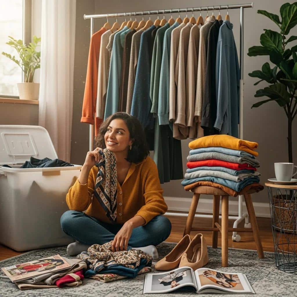Person evaluating their wardrobe to plan which items to keep, donate, or replace