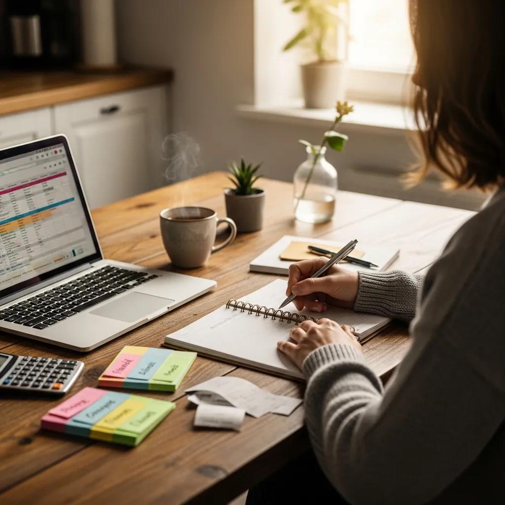 Person practicing mindful budgeting at a kitchen table