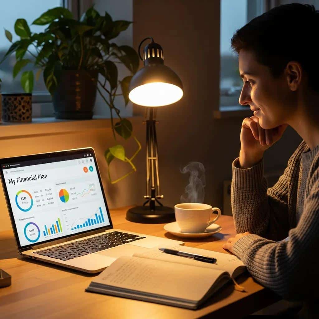 Laptop showing budgeting app with notebook and pen in a cozy workspace