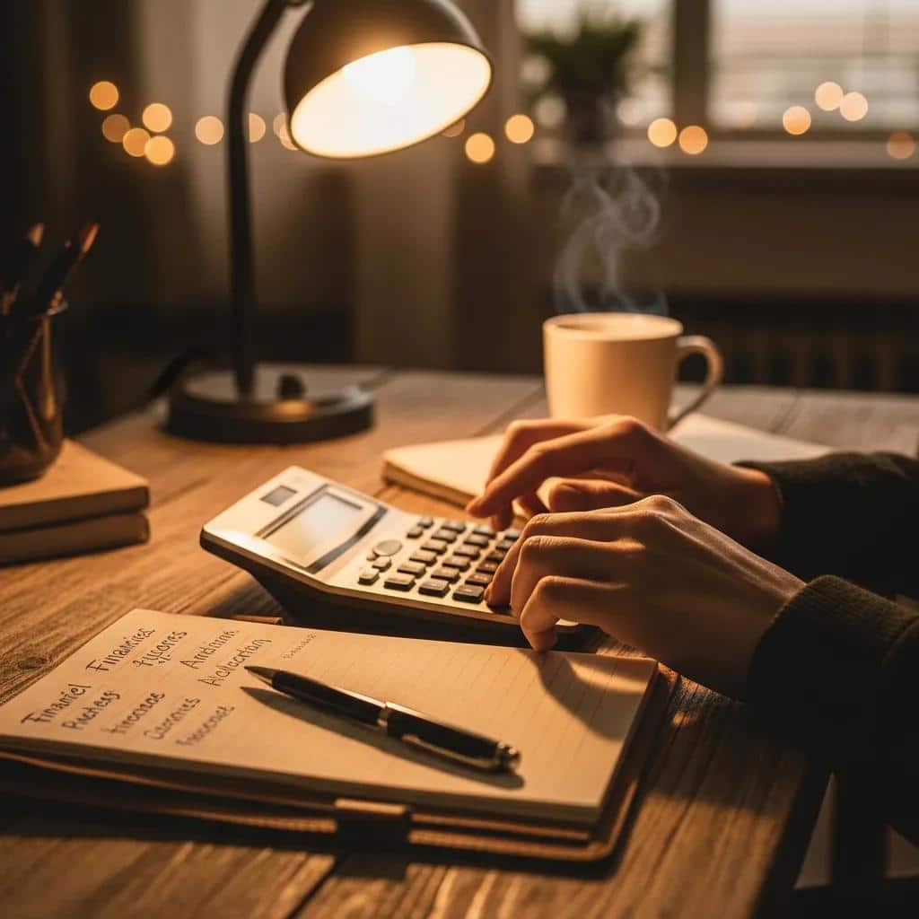 Person using a calculator and notepad to work out time value in a cozy workspace