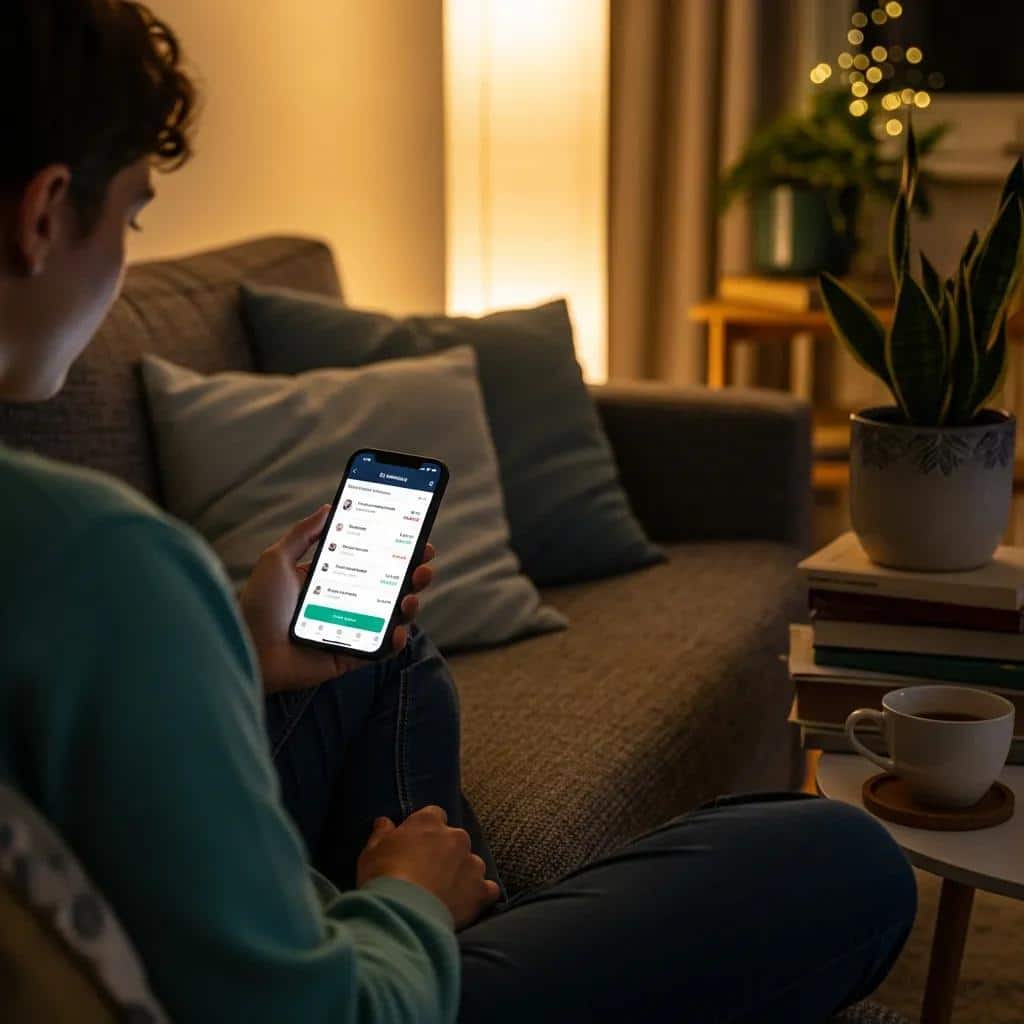 Person checking bank transactions on a smartphone in a cozy living room setting