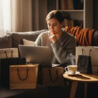 Person evaluating deals on a laptop at home, surrounded by shopping bags and coffee