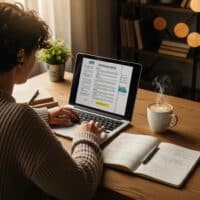 Person preparing for a job interview with a laptop, coffee, and notes